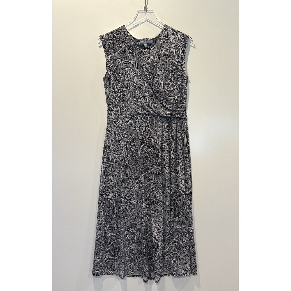 Chaus New York Womens Black White Paisley Faux Wrap Midi Dress Size M Sleeveless